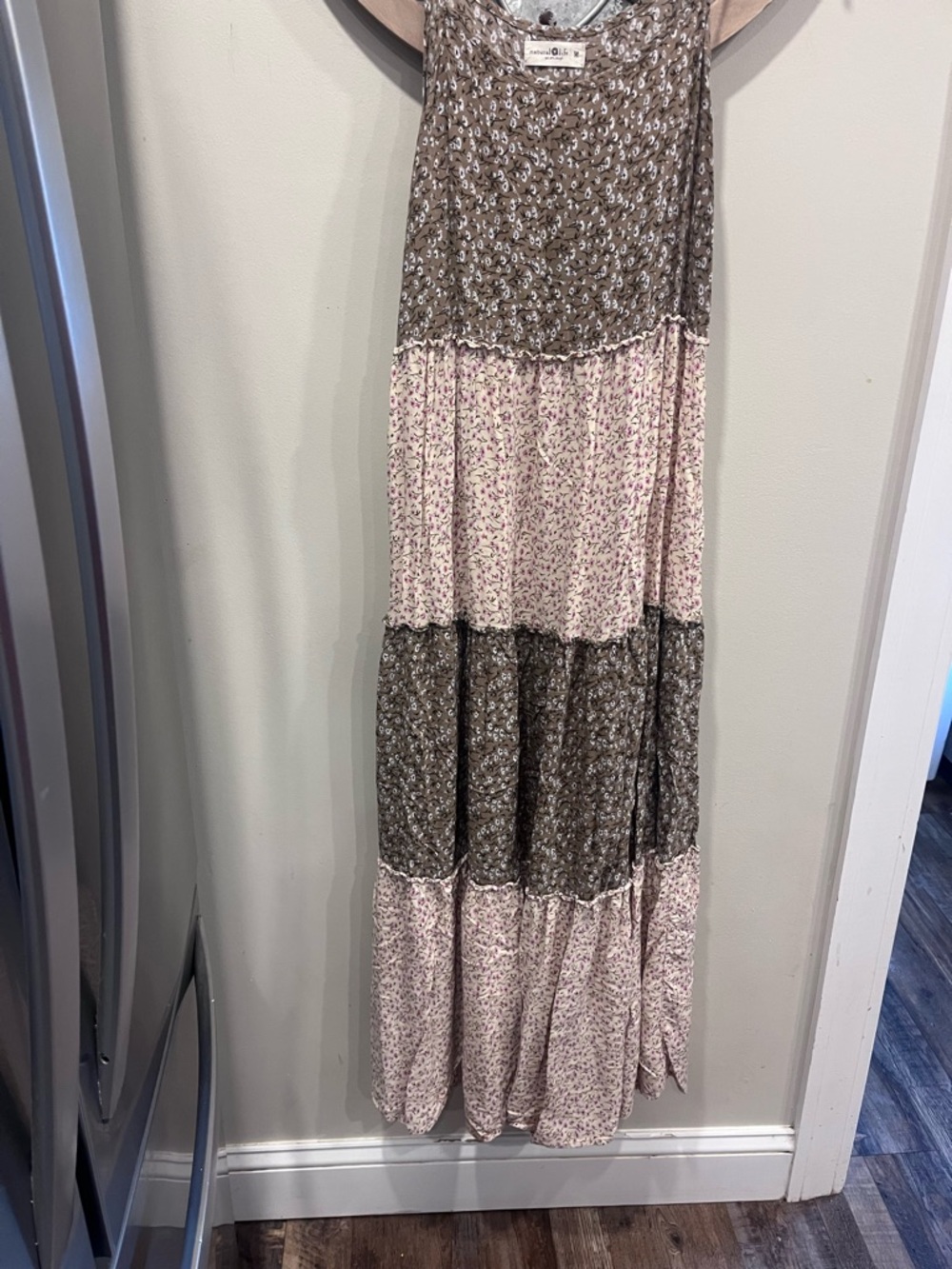 NATURAL LIFE bohemian Tiered Maxi Skirt in Brown and Light Pink